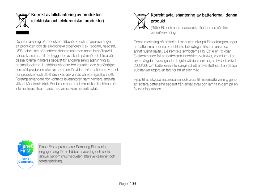 Samsung EC-PL210ZBPPE2, EC-PL21ZZBPBE2, EC-PL21ZZBPPE2 manual Korrekt avfallshantering av batterierna i denna produkt 