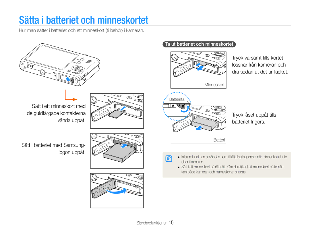 Samsung EC-PL210ZBPBE2 manual Sätta i batteriet och minneskortet, Batteriet frigörs, Ta ut batteriet och minneskortet 