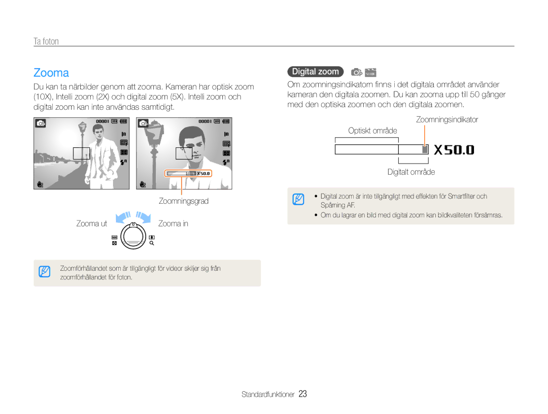 Samsung EC-PL21ZZBPBE2 manual Ta foton, Digital zoom, Zooma ut Zooma, Zoomningsindikator Optiskt område Digitalt område 