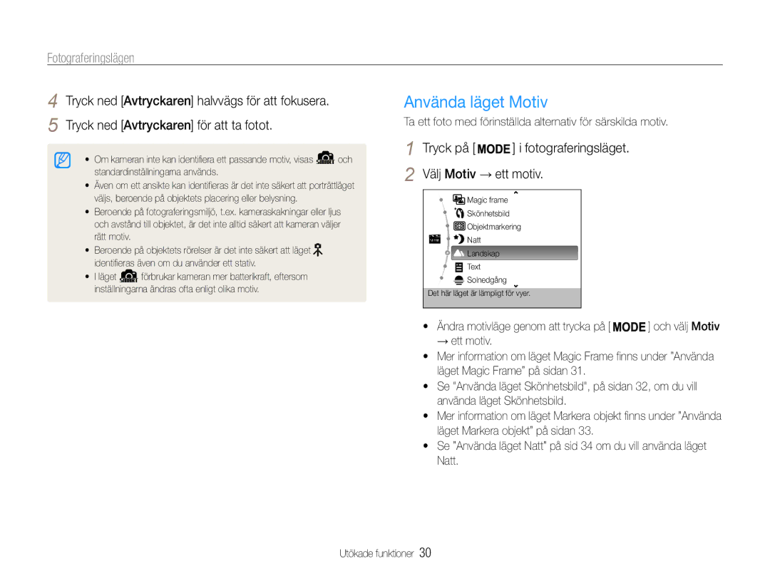 Samsung EC-PL21ZZBPPE2, EC-PL21ZZBPBE2, EC-PL210ZBPPE2 Använda läget Motiv, Fotograferingslägen, Välj Motiv → ett motiv 