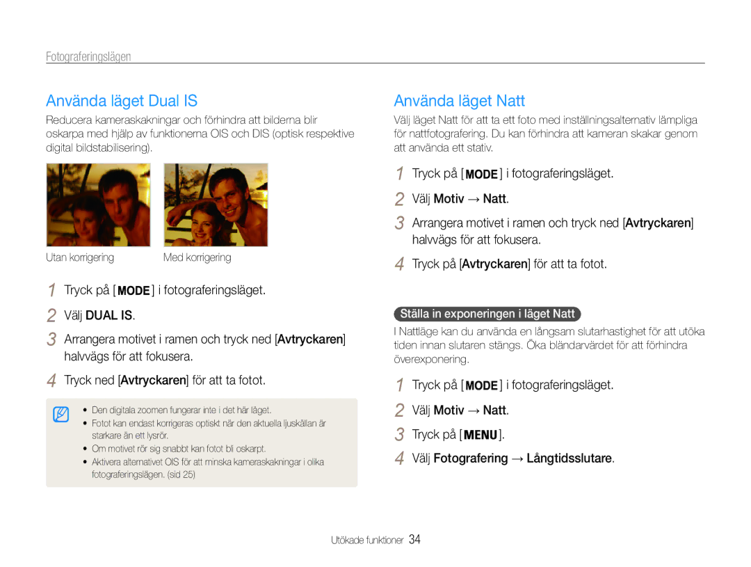 Samsung EC-PL21ZZBPRE2, EC-PL21ZZBPBE2, EC-PL21ZZBPPE2, EC-PL210ZBPPE2 manual Använda läget Dual is, Använda läget Natt 