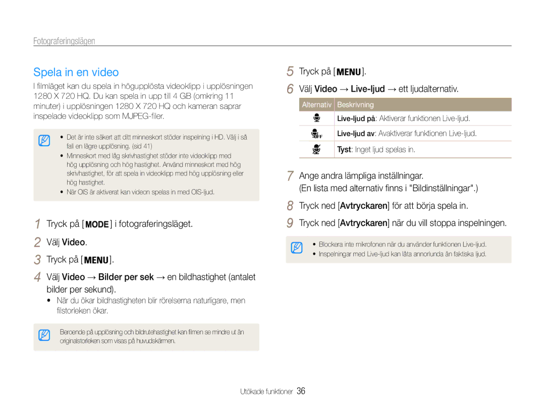 Samsung EC-PL21ZZBPPE2, EC-PL21ZZBPBE2 manual Spela in en video, Tryck på Fotograferingsläget Välj Video, Bilder per sekund 