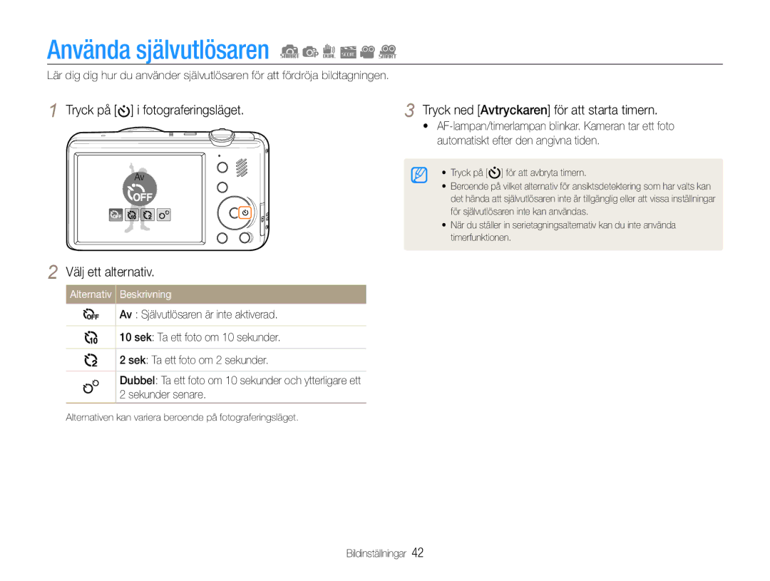 Samsung EC-PL21ZZBPPE2, EC-PL21ZZBPBE2, EC-PL210ZBPPE2, EC-PL211ZBPBE2 manual Använda självutlösaren, Välj ett alternativ 