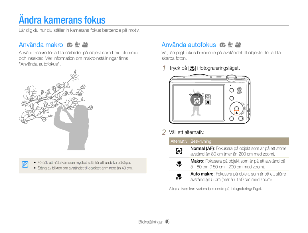 Samsung EC-PL210ZBPBE2, EC-PL21ZZBPBE2, EC-PL21ZZBPPE2 manual Ändra kamerans fokus, Använda makro, Använda autofokus 