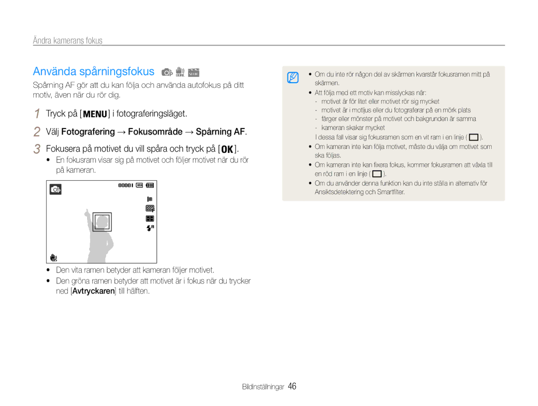 Samsung EC-PL21ZZBPRE2, EC-PL21ZZBPBE2, EC-PL21ZZBPPE2, EC-PL210ZBPPE2 manual Använda spårningsfokus, Ändra kamerans fokus 