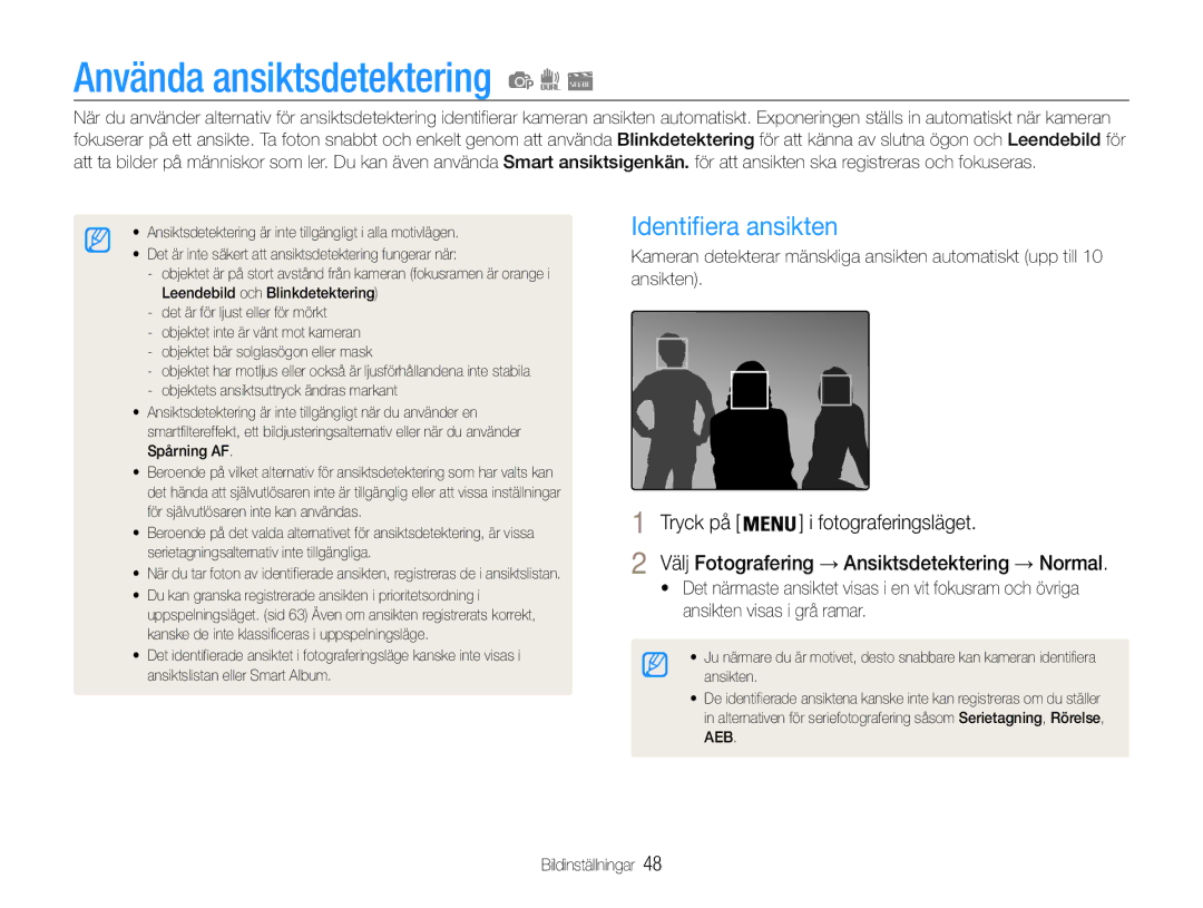 Samsung EC-PL21ZZBPPE2 Använda ansiktsdetektering, Identifiera ansikten, Välj Fotografering → Ansiktsdetektering → Normal 