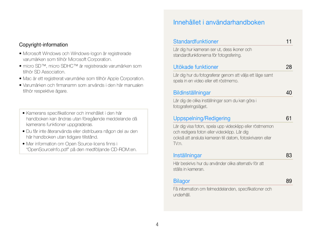 Samsung EC-PL21ZZBPRE2, EC-PL21ZZBPBE2, EC-PL21ZZBPPE2, EC-PL210ZBPPE2 Innehållet i användarhandboken, Copyright-information 