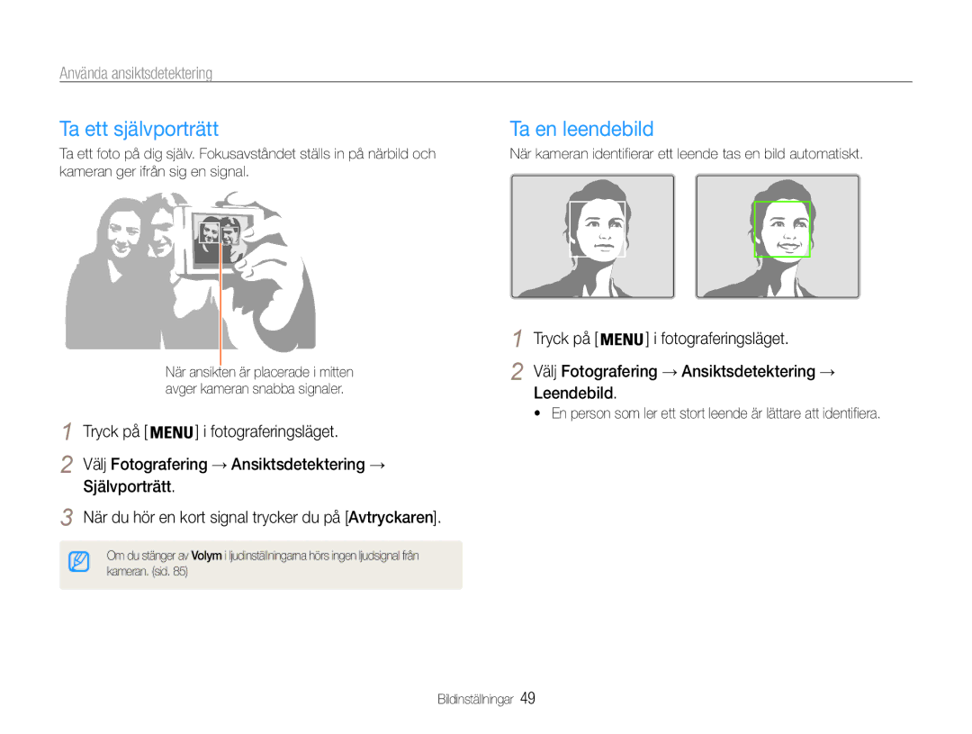 Samsung EC-PL210ZBPPE2, EC-PL21ZZBPBE2 manual Ta ett självporträtt, Ta en leendebild, Använda ansiktsdetektering, Leendebild 