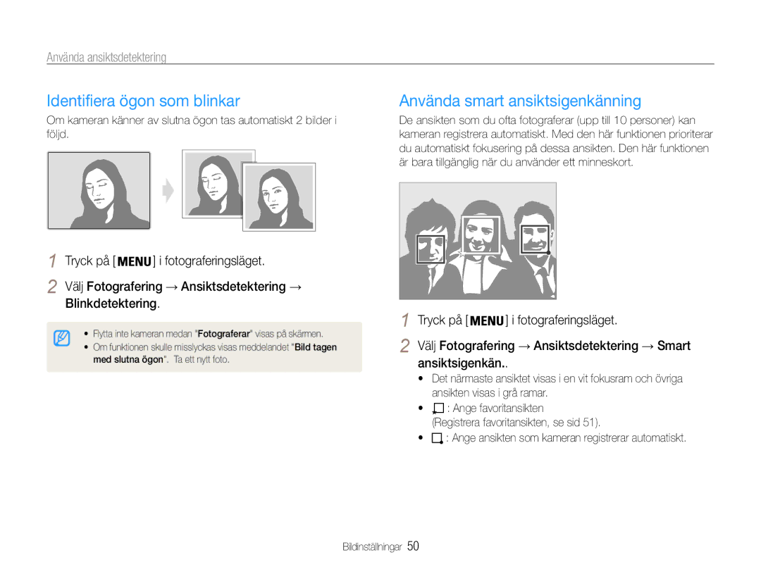 Samsung EC-PL211ZBPBE2 Identifiera ögon som blinkar, Använda smart ansiktsigenkänning, Blinkdetektering, Ansiktsigenkän 