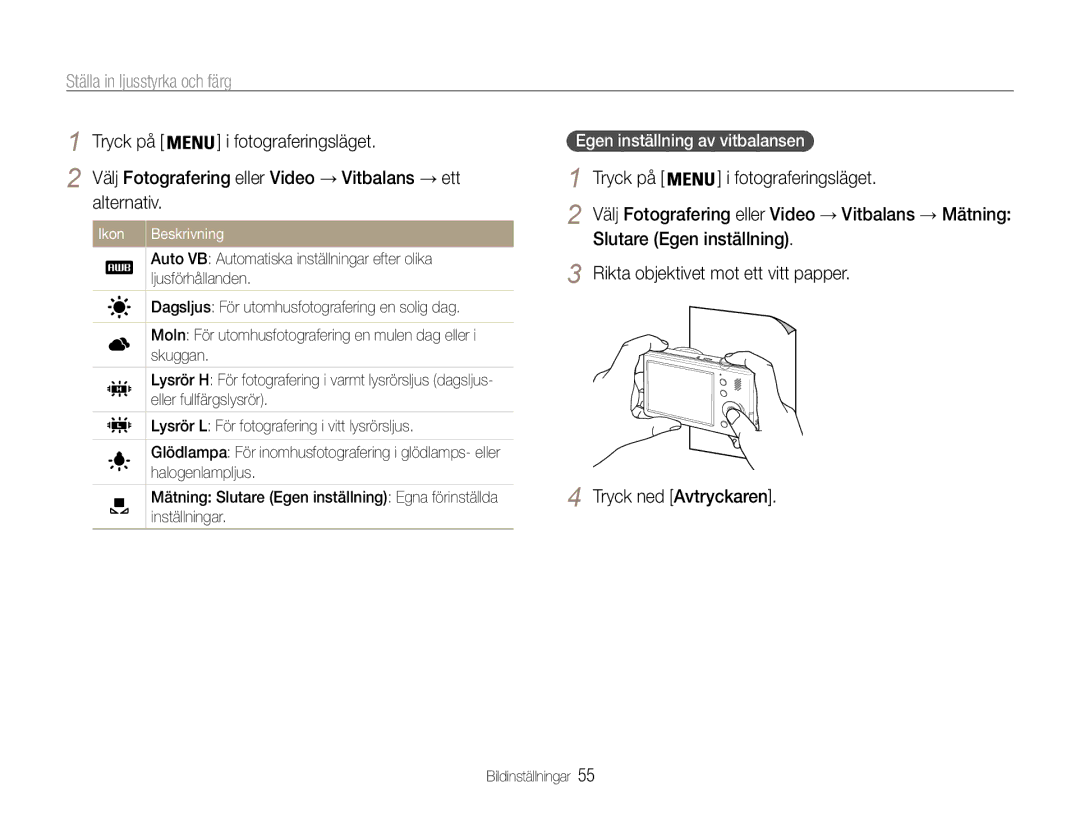 Samsung EC-PL210ZBPPE2 manual Slutare Egen inställning, Rikta objektivet mot ett vitt papper Tryck ned Avtryckaren 