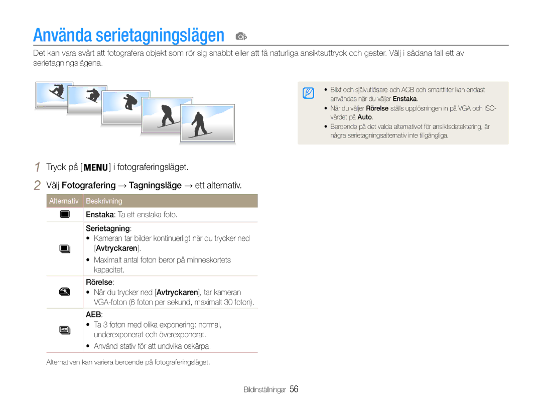 Samsung EC-PL211ZBPBE2, EC-PL21ZZBPBE2 manual Använda serietagningslägen, Välj Fotografering → Tagningsläge → ett alternativ 