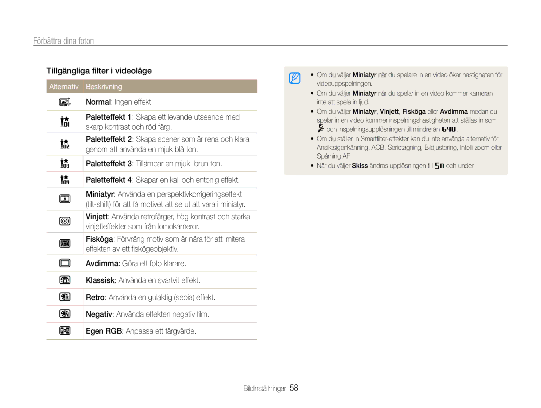 Samsung EC-PL21ZZBPRE2, EC-PL21ZZBPBE2, EC-PL21ZZBPPE2, EC-PL210ZBPPE2 Förbättra dina foton, Tillgängliga filter i videoläge 