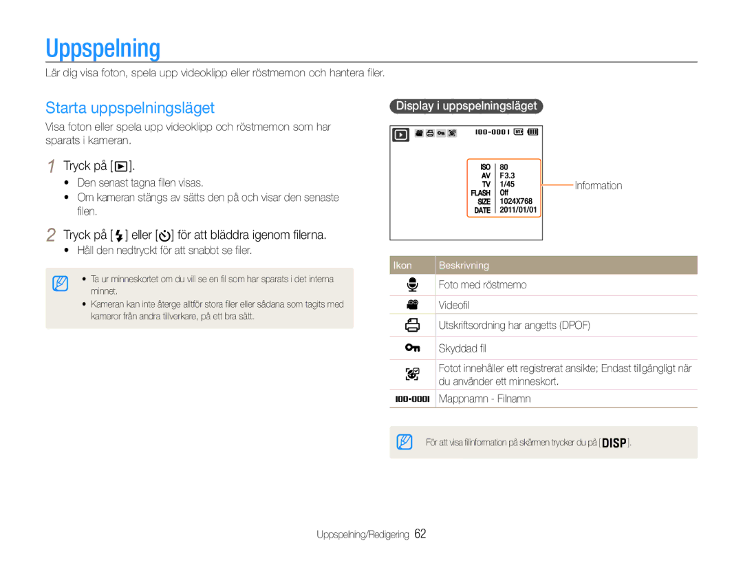 Samsung EC-PL211ZBPBE2 manual Uppspelning, Starta uppspelningsläget, Tryck på eller för att bläddra igenom filerna 