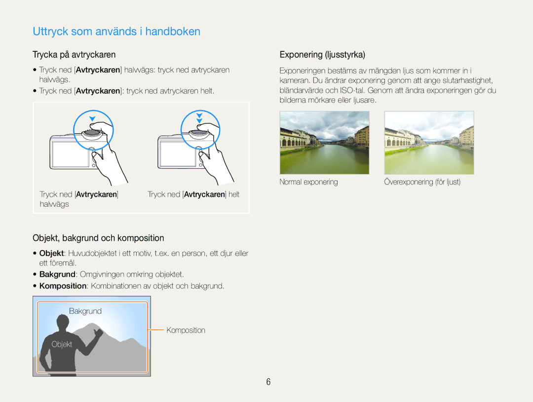 Samsung EC-PL21ZZBPPE2 manual Uttryck som används i handboken, Trycka på avtryckaren, Exponering ljusstyrka, Objekt 