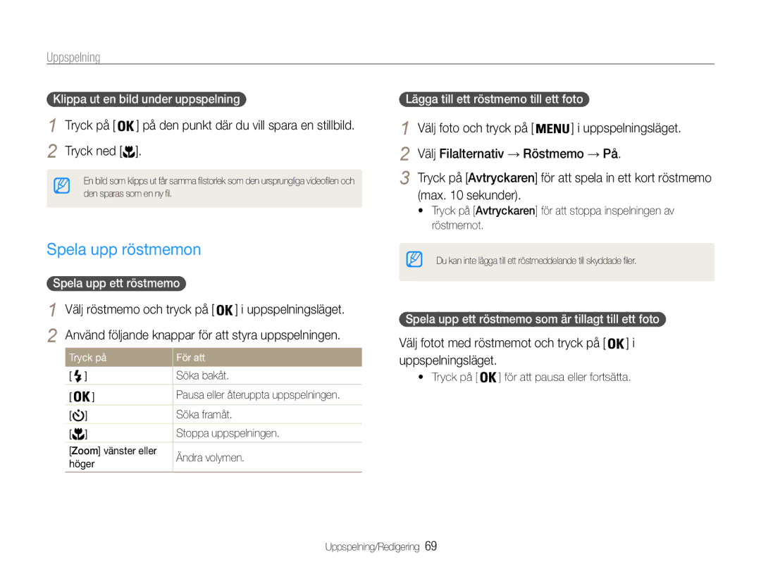 Samsung EC-PL210ZBPBE2 Spela upp röstmemon, Max sekunder, Klippa ut en bild under uppspelning, Spela upp ett röstmemo 