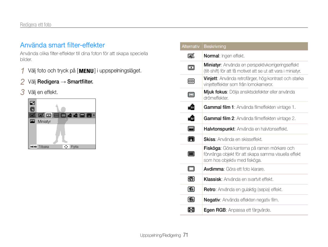 Samsung EC-PL21ZZBPBE2, EC-PL21ZZBPPE2, EC-PL210ZBPPE2, EC-PL211ZBPBE2 manual Använda smart filter-effekter, Redigera ett foto 