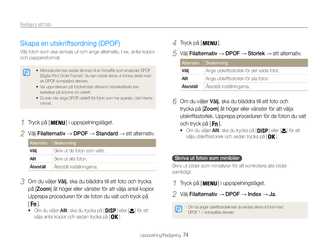 Samsung EC-PL211ZBPBE2, EC-PL21ZZBPBE2, EC-PL21ZZBPPE2 manual Skapa en utskriftsordning Dpof, Skriva ut foton som minibiler 