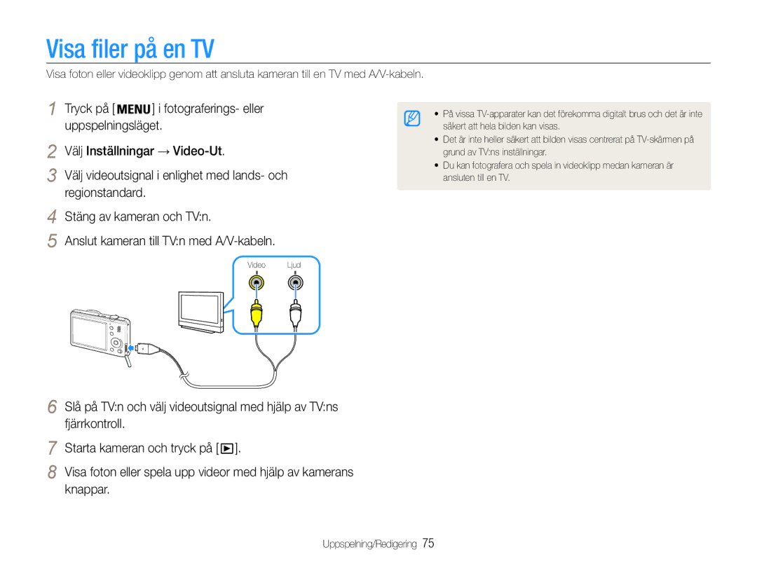 Samsung EC-PL210ZBPBE2, EC-PL21ZZBPBE2 Visa filer på en TV, Tryck på Fotograferings- eller, Välj Inställningar → Video-Ut 