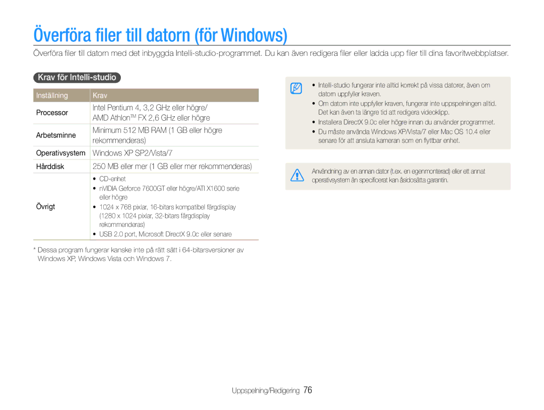 Samsung EC-PL21ZZBPRE2, EC-PL21ZZBPBE2 Överföra filer till datorn för Windows, Krav för Intelli-studio, Inställning Krav 