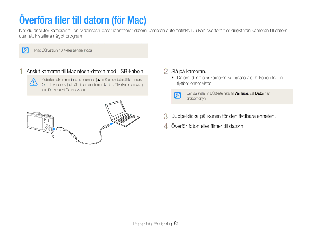 Samsung EC-PL210ZBPBE2 manual Överföra filer till datorn för Mac, Anslut kameran till Macintosh-datorn med USB-kabeln 