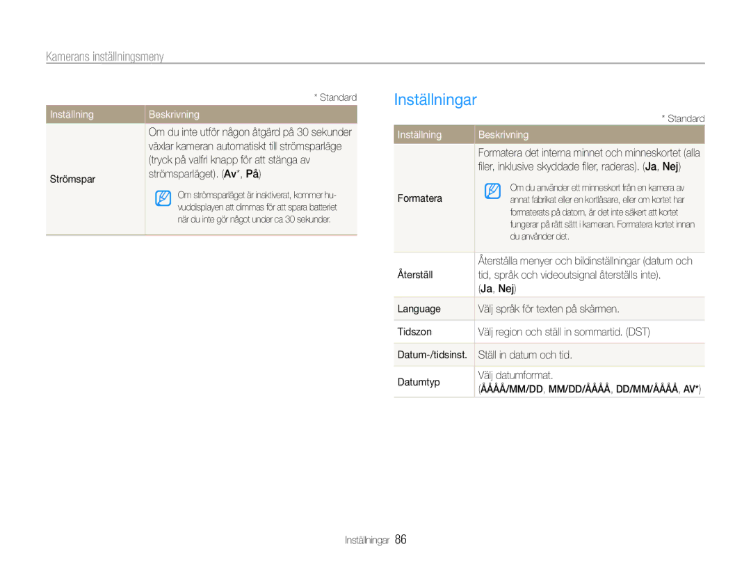 Samsung EC-PL211ZBPBE2, EC-PL21ZZBPBE2, EC-PL21ZZBPPE2, EC-PL210ZBPPE2, EC-PL210ZBPBE2, EC-PL21ZZBPRE2 manual Inställningar 