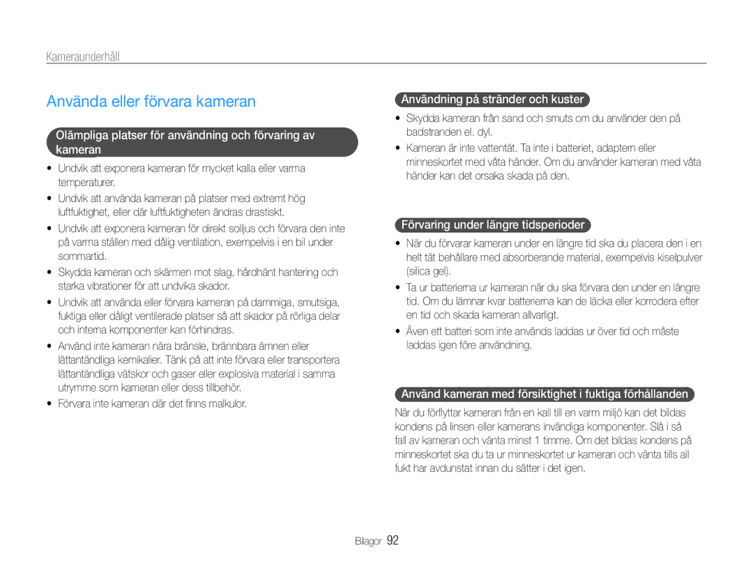 Samsung EC-PL211ZBPBE2, EC-PL21ZZBPBE2, EC-PL21ZZBPPE2, EC-PL210ZBPPE2 manual Använda eller förvara kameran, Kameraunderhåll 