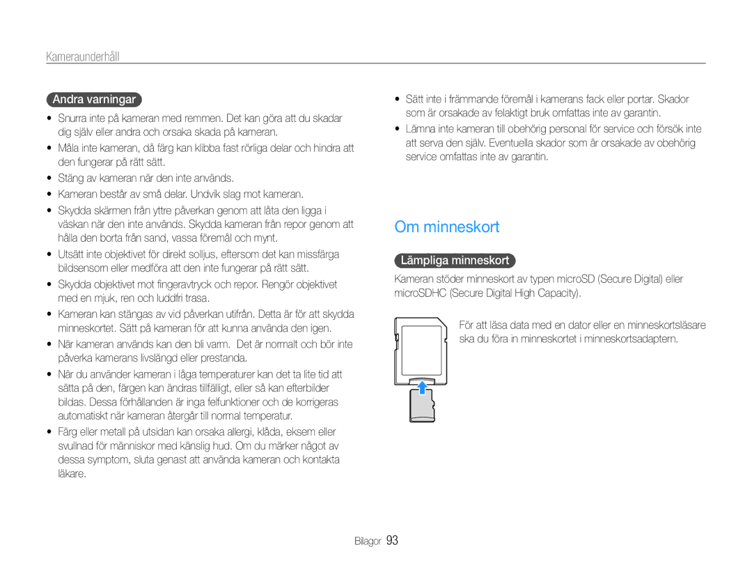 Samsung EC-PL210ZBPBE2, EC-PL21ZZBPBE2, EC-PL21ZZBPPE2, EC-PL210ZBPPE2 Om minneskort, Andra varningar, Lämpliga minneskort 