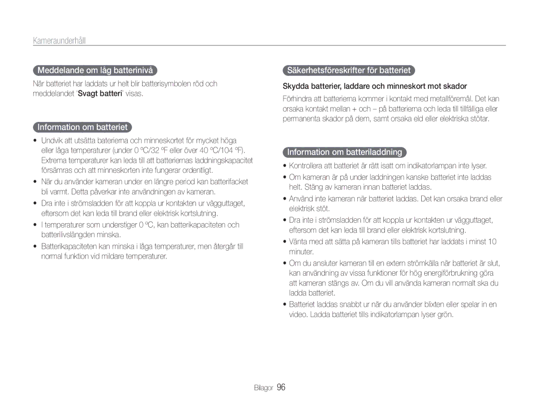 Samsung EC-PL21ZZBPPE2 manual Meddelande om låg batterinivå, Information om batteriet, Säkerhetsföreskrifter för batteriet 