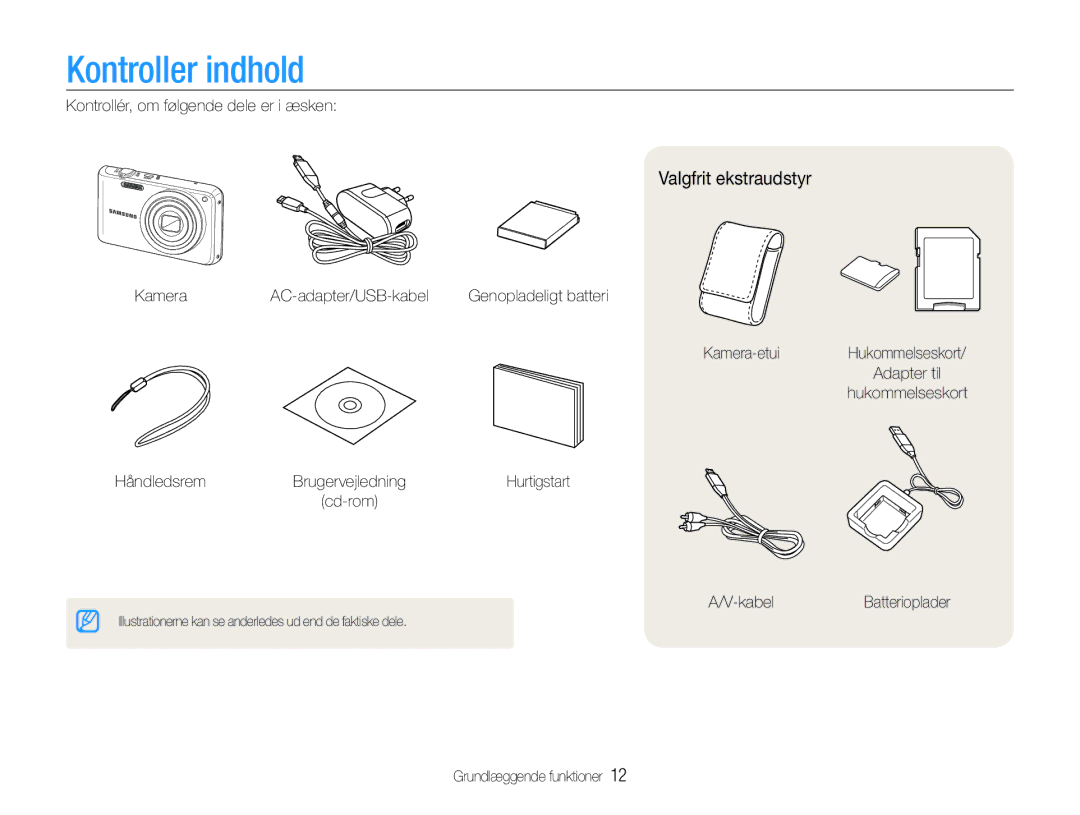 Samsung EC-PL21ZZBPPE2, EC-PL21ZZBPBE2, EC-PL210ZBPPE2, EC-PL211ZBPBE2 manual Kontroller indhold, Valgfrit ekstraudstyr 