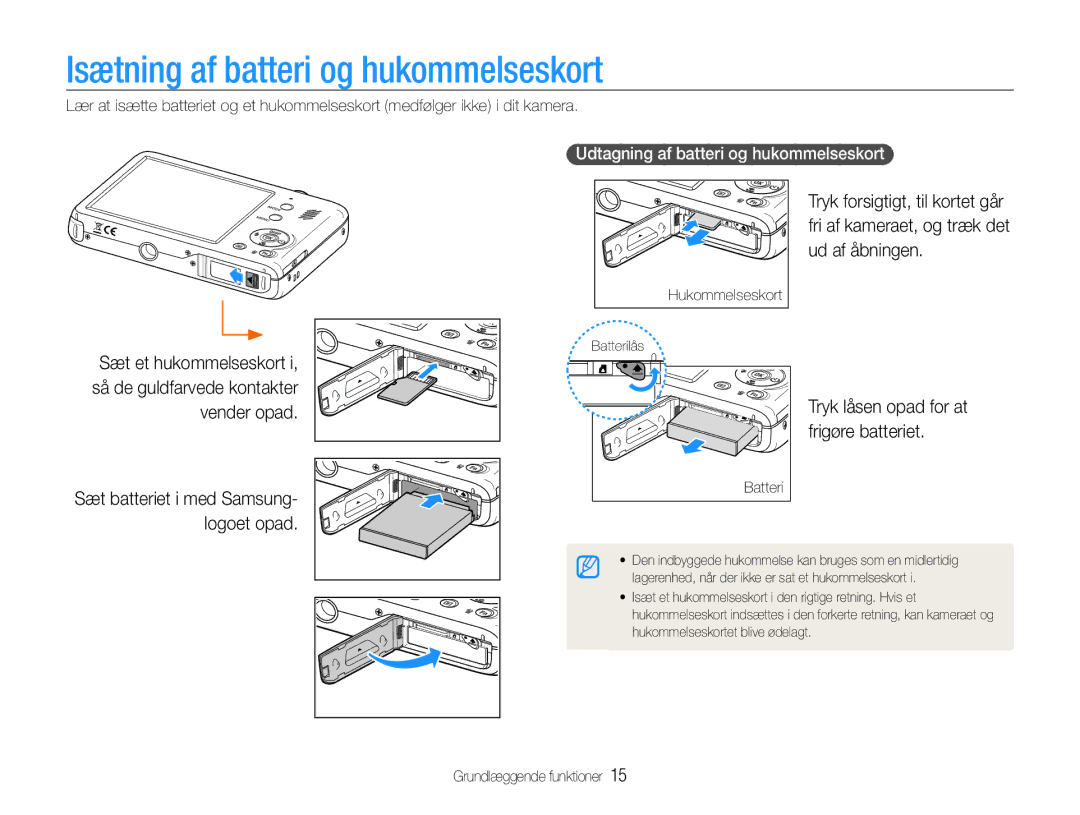 Samsung EC-PL210ZBPBE2, EC-PL21ZZBPBE2 Isætning af batteri og hukommelseskort, Udtagning af batteri og hukommelseskort 