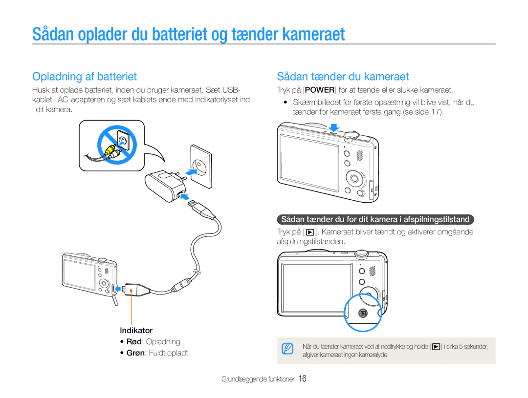 Samsung EC-PL21ZZBPRE2 Sådan oplader du batteriet og tænder kameraet, Opladning af batteriet, Sådan tænder du kameraet 