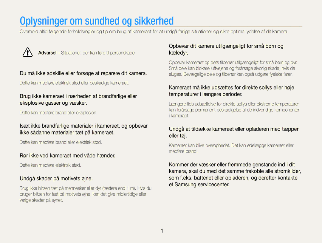 Samsung EC-PL210ZBPPE2 manual Oplysninger om sundhed og sikkerhed, Du må ikke adskille eller forsøge at reparere dit kamera 