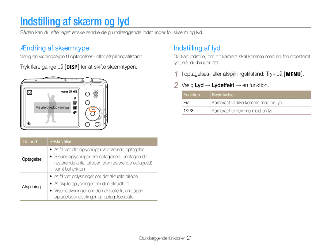 Samsung EC-PL210ZBPBE2, EC-PL21ZZBPBE2 manual Indstilling af skærm og lyd, Ændring af skærmtype, Indstilling af lyd 