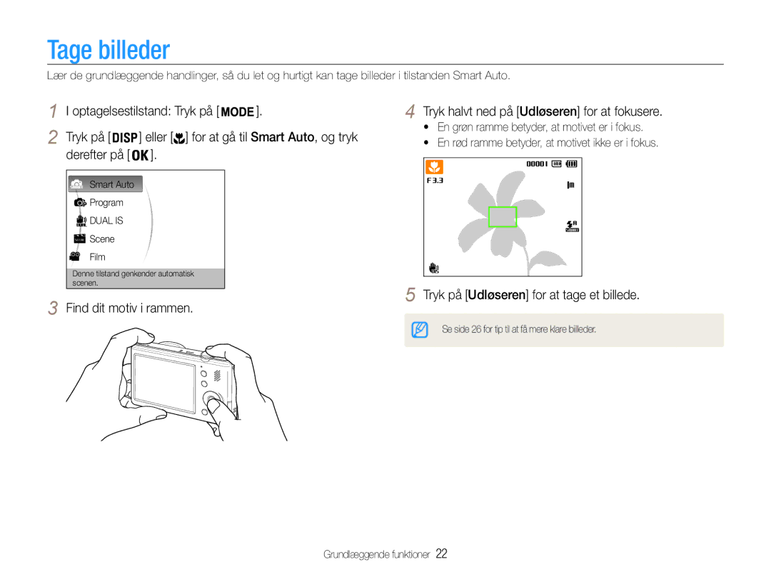 Samsung EC-PL21ZZBPRE2 Tage billeder, Tryk på Udløseren for at tage et billede, Eller for at gå til Smart Auto, og tryk 