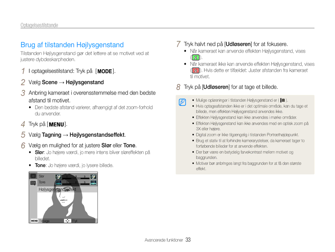 Samsung EC-PL210ZBPBE2, EC-PL21ZZBPBE2, EC-PL21ZZBPPE2 manual Brug af tilstanden Højlysgenstand, Afstand til motivet 