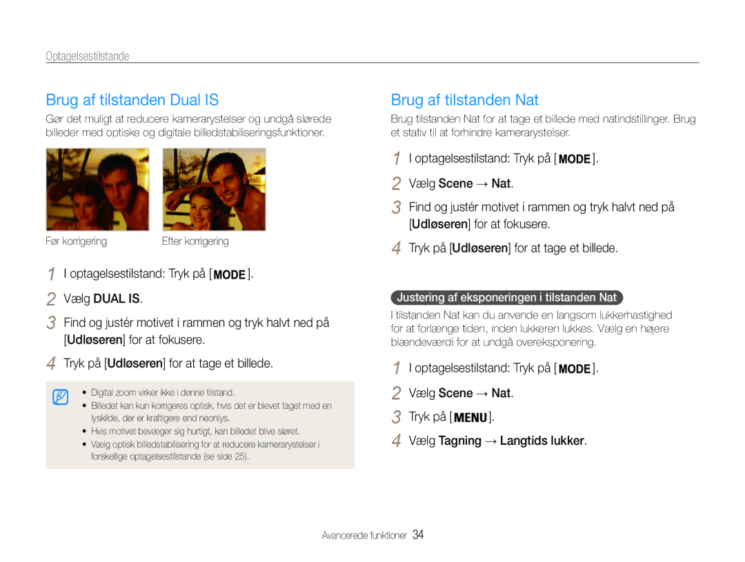 Samsung EC-PL21ZZBPRE2 manual Brug af tilstanden Dual is, Brug af tilstanden Nat, Optagelsestilstand Tryk på Vælg Dual is 