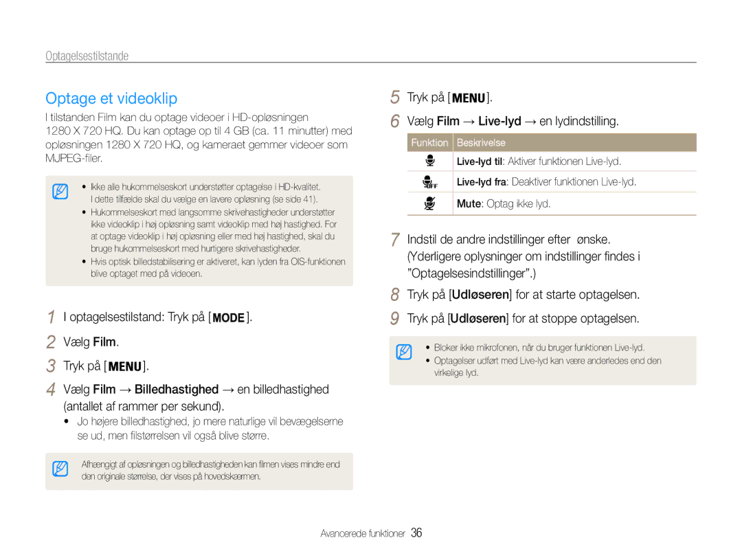 Samsung EC-PL21ZZBPPE2 manual Optage et videoklip, Optagelsestilstand Tryk på Vælg Film, Antallet af rammer per sekund 