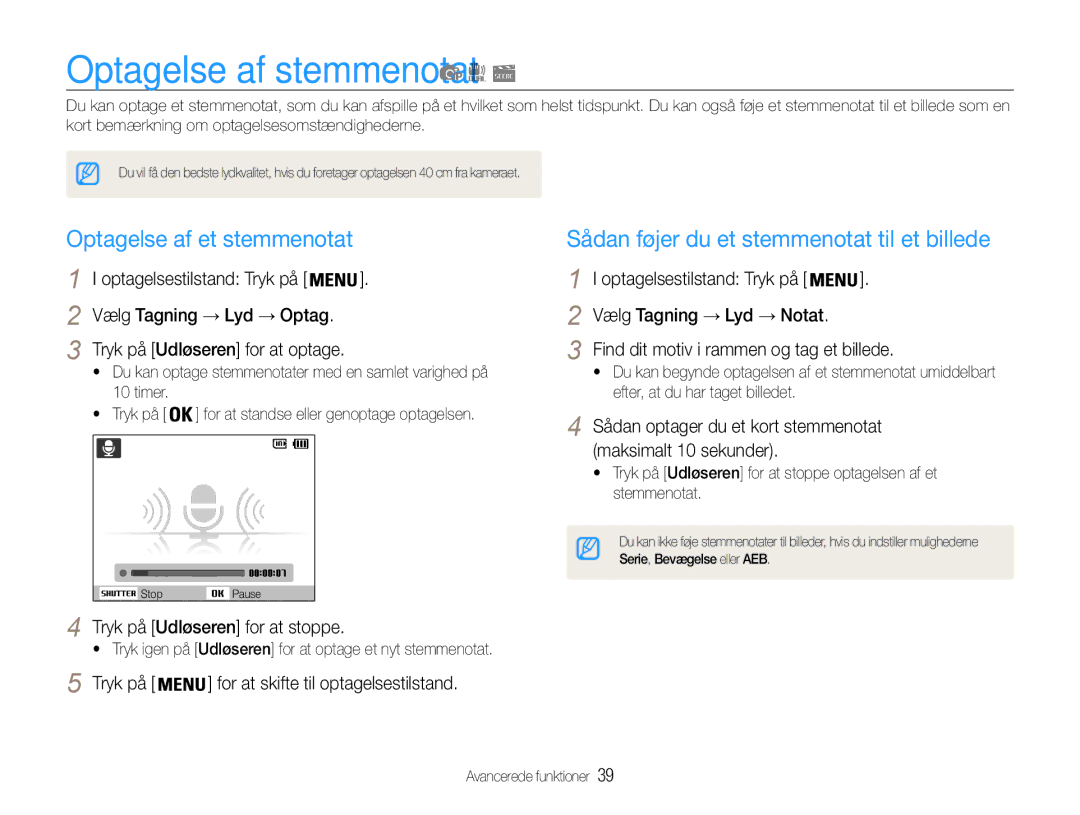 Samsung EC-PL210ZBPBE2 Optagelse af stemmenotat, Optagelse af et stemmenotat, Sådan føjer du et stemmenotat til et billede 