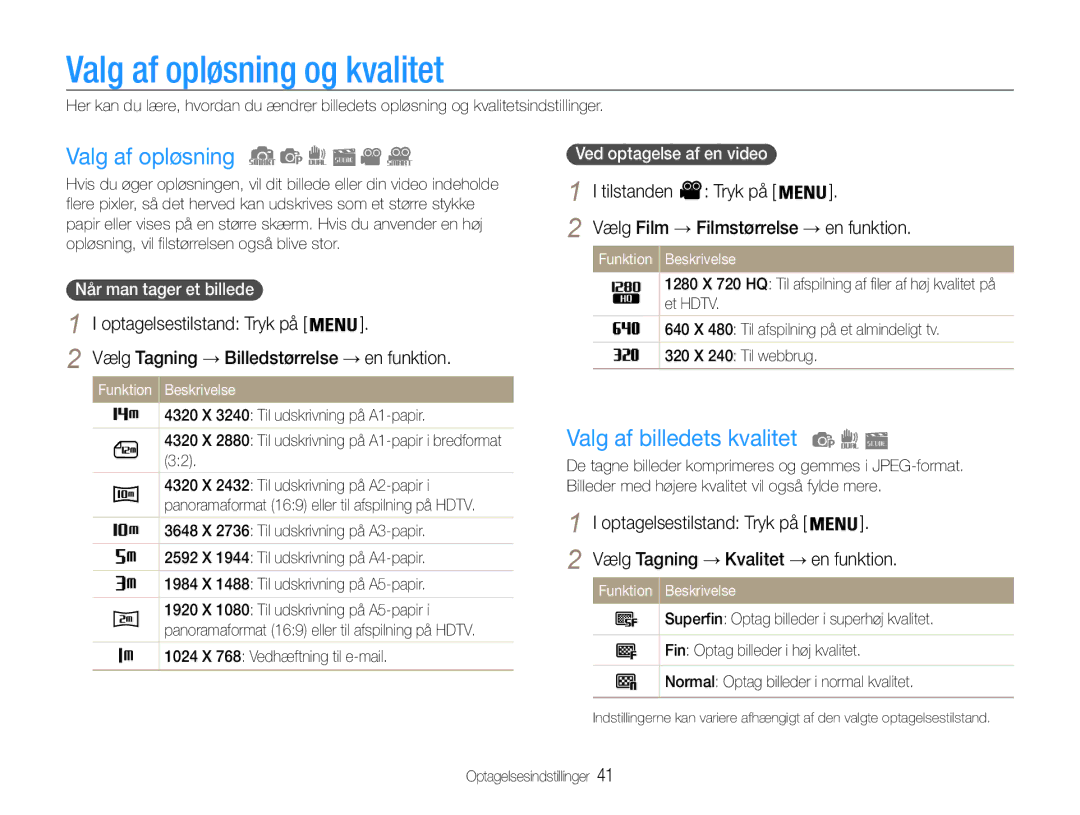 Samsung EC-PL21ZZBPBE2, EC-PL21ZZBPPE2 manual Valg af opløsning og kvalitet, Valg af billedets kvalitet, Tilstanden Tryk på 