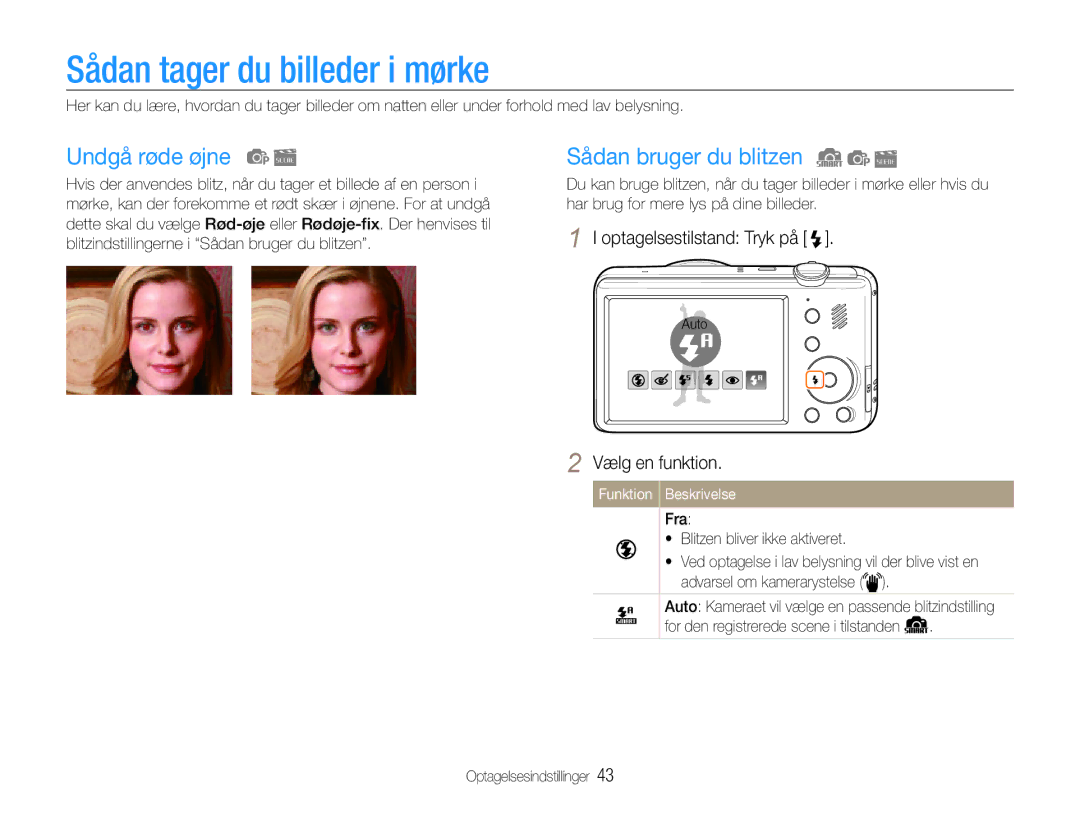 Samsung EC-PL210ZBPPE2, EC-PL21ZZBPBE2 manual Sådan tager du billeder i mørke, Undgå røde øjne, Sådan bruger du blitzen 