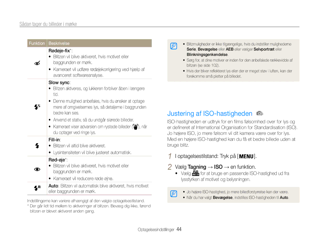 Samsung EC-PL211ZBPBE2, EC-PL21ZZBPBE2, EC-PL21ZZBPPE2 manual Justering af ISO-hastigheden, Sådan tager du billeder i mørke 