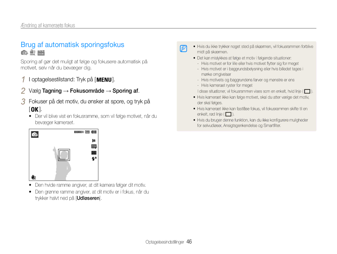 Samsung EC-PL21ZZBPRE2, EC-PL21ZZBPBE2, EC-PL21ZZBPPE2 manual Brug af automatisk sporingsfokus, Ændring af kameraets fokus 