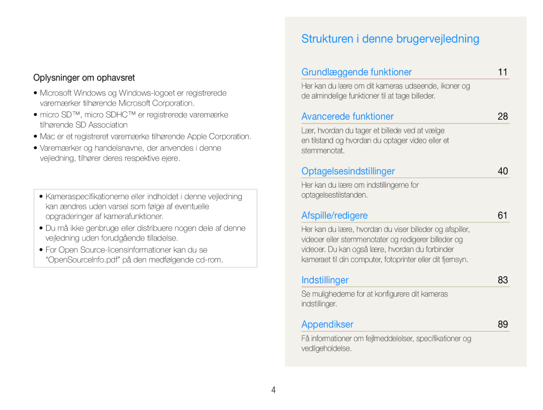 Samsung EC-PL21ZZBPRE2, EC-PL21ZZBPBE2, EC-PL21ZZBPPE2 manual Strukturen i denne brugervejledning, Oplysninger om ophavsret 