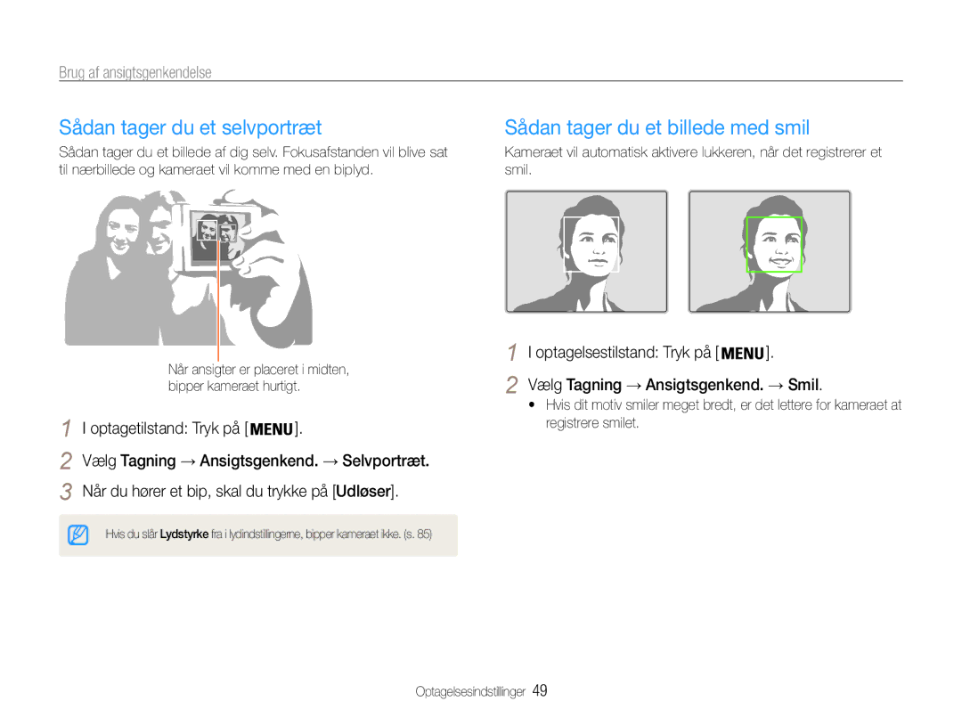 Samsung EC-PL210ZBPPE2 manual Sådan tager du et selvportræt, Sådan tager du et billede med smil, Brug af ansigtsgenkendelse 