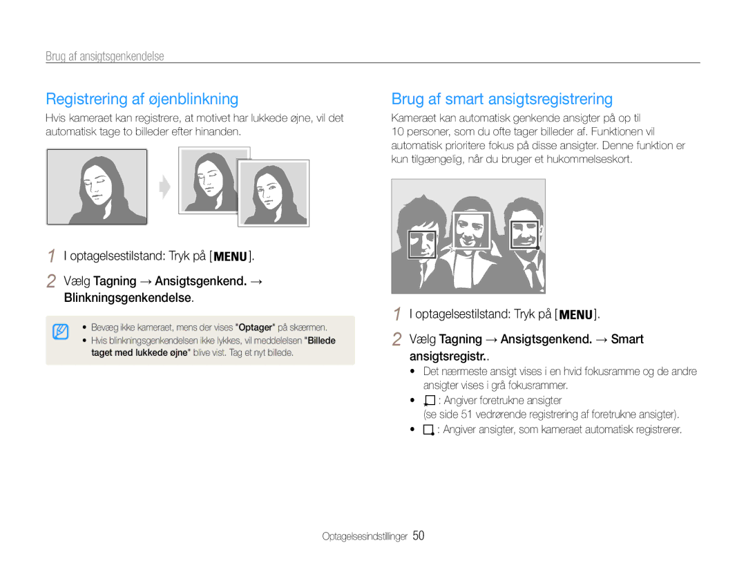 Samsung EC-PL211ZBPBE2 manual Registrering af øjenblinkning, Brug af smart ansigtsregistrering, Blinkningsgenkendelse 