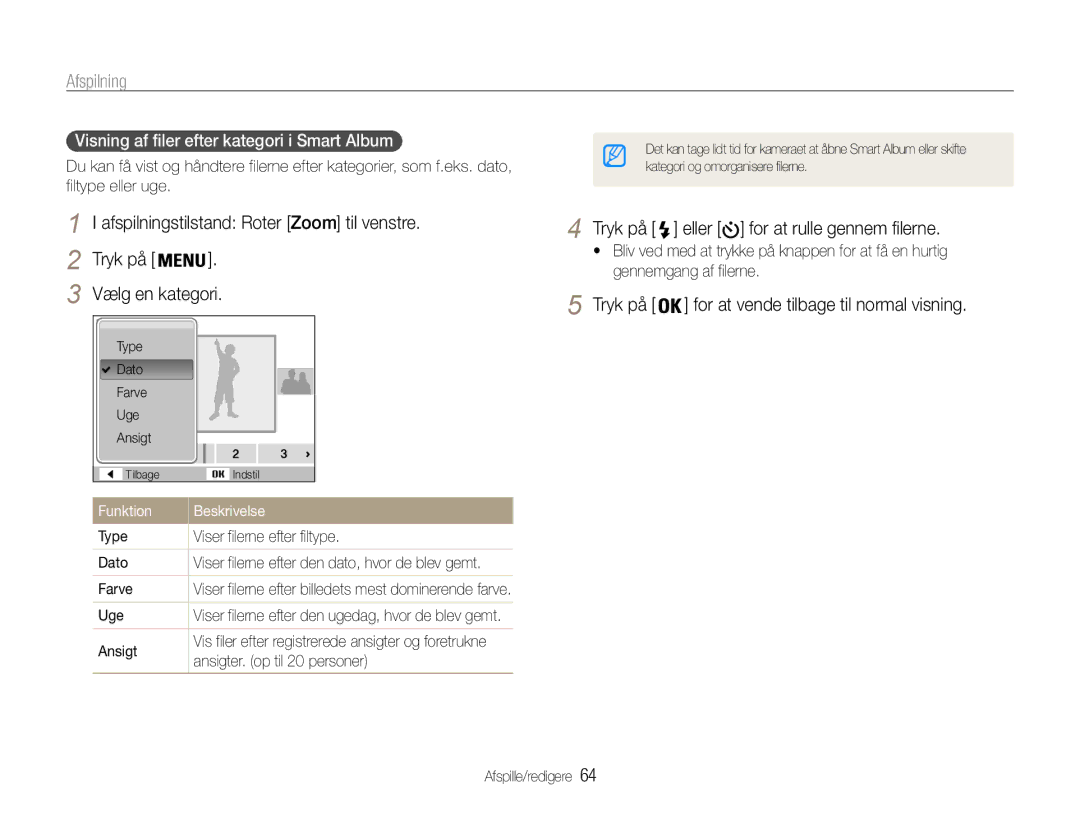 Samsung EC-PL21ZZBPRE2, EC-PL21ZZBPBE2, EC-PL21ZZBPPE2, EC-PL210ZBPPE2 manual Visning af filer efter kategori i Smart Album 