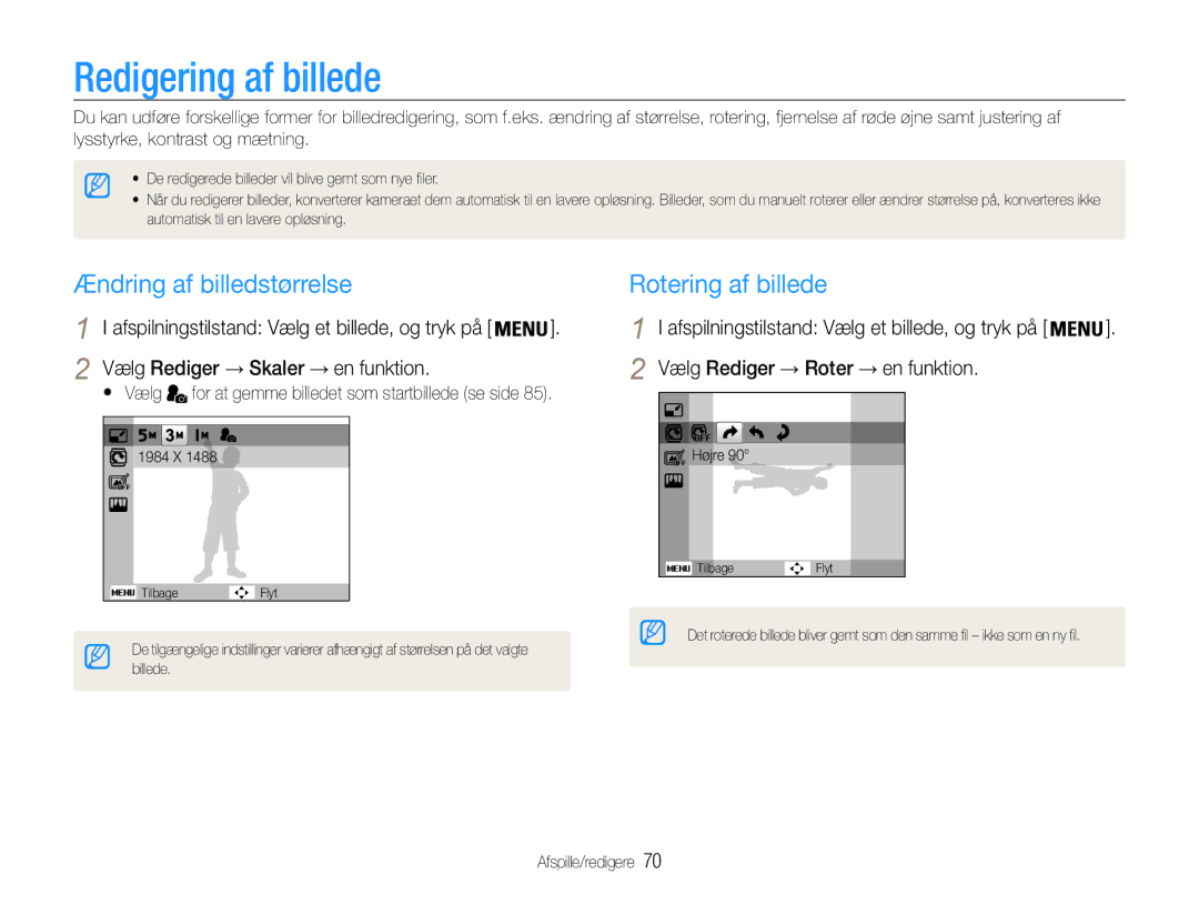 Samsung EC-PL21ZZBPRE2, EC-PL21ZZBPBE2 manual Redigering af billede, Ændring af billedstørrelse, Rotering af billede 