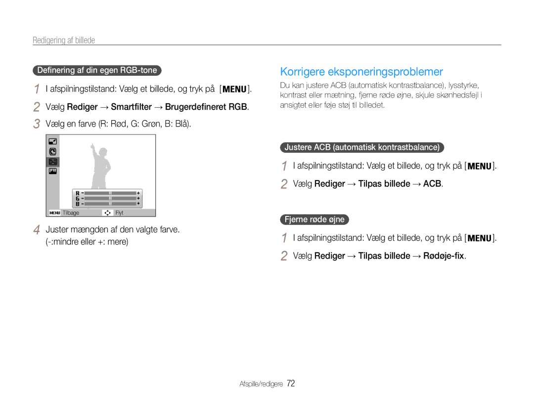 Samsung EC-PL21ZZBPPE2 manual Korrigere eksponeringsproblemer, Juster mængden af den valgte farve. -mindre eller + mere 