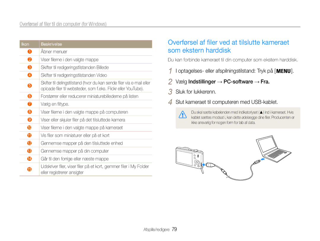 Samsung EC-PL210ZBPPE2, EC-PL21ZZBPBE2, EC-PL21ZZBPPE2 manual Vælg Indstillinger → PC-software → Fra Sluk for lukkerenn 