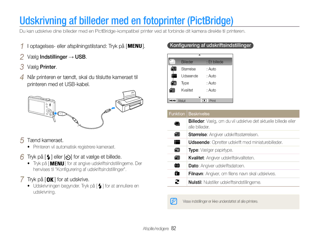 Samsung EC-PL21ZZBPRE2 manual Udskrivning af billeder med en fotoprinter PictBridge, Vælg Indstillinger → USB Vælg Printer 